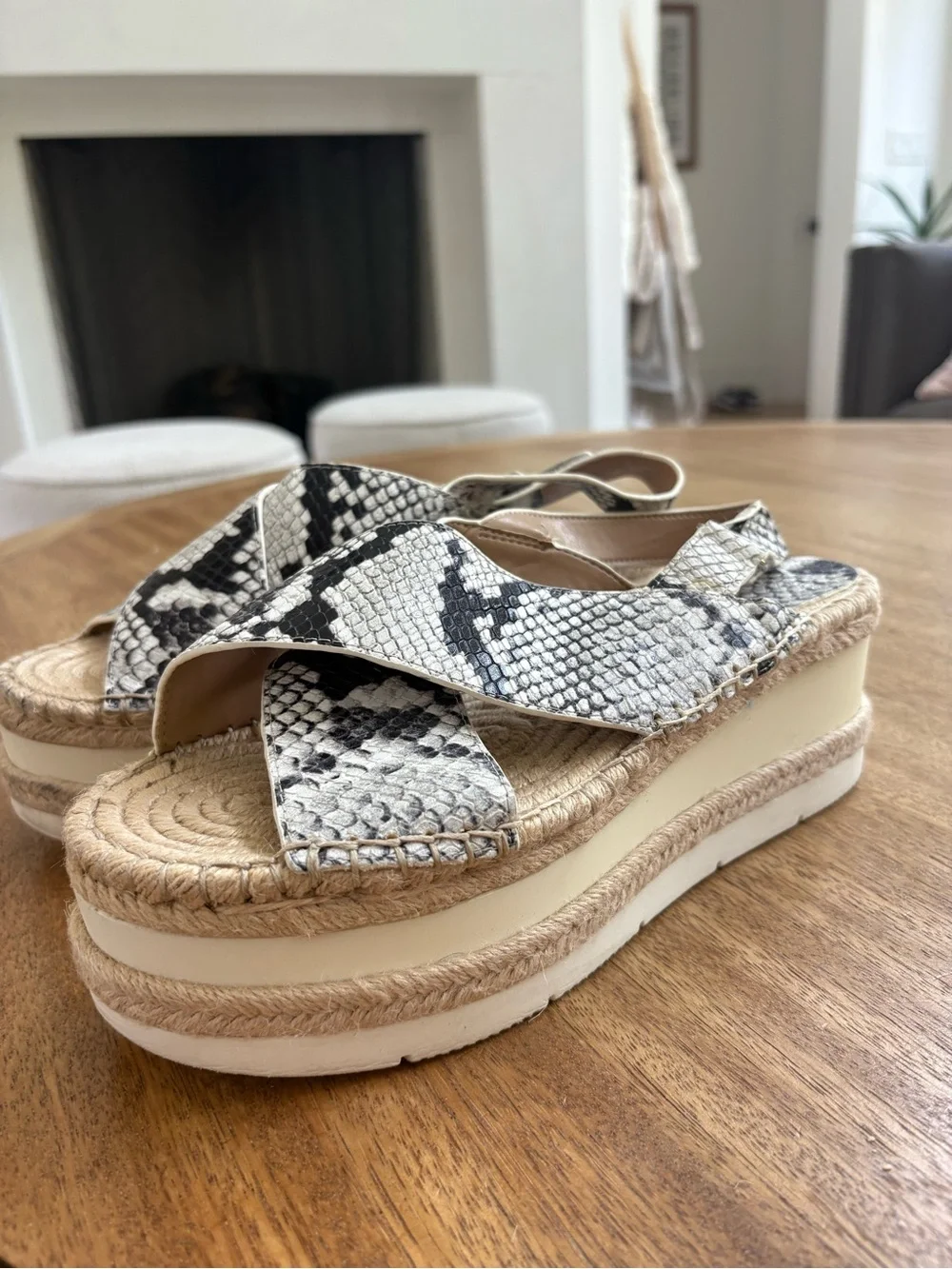 Marc Fisher Snake-Print Platform Espadrille Sandals in Black and White